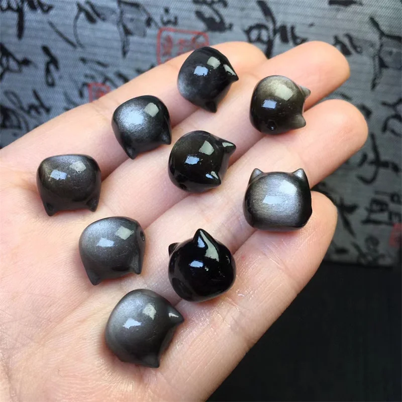 10pcs Natural Silver Obsidian Cat Head Carving Crystal Carved Figurine Gift DIY Fashion Jewelry For Women 5mm