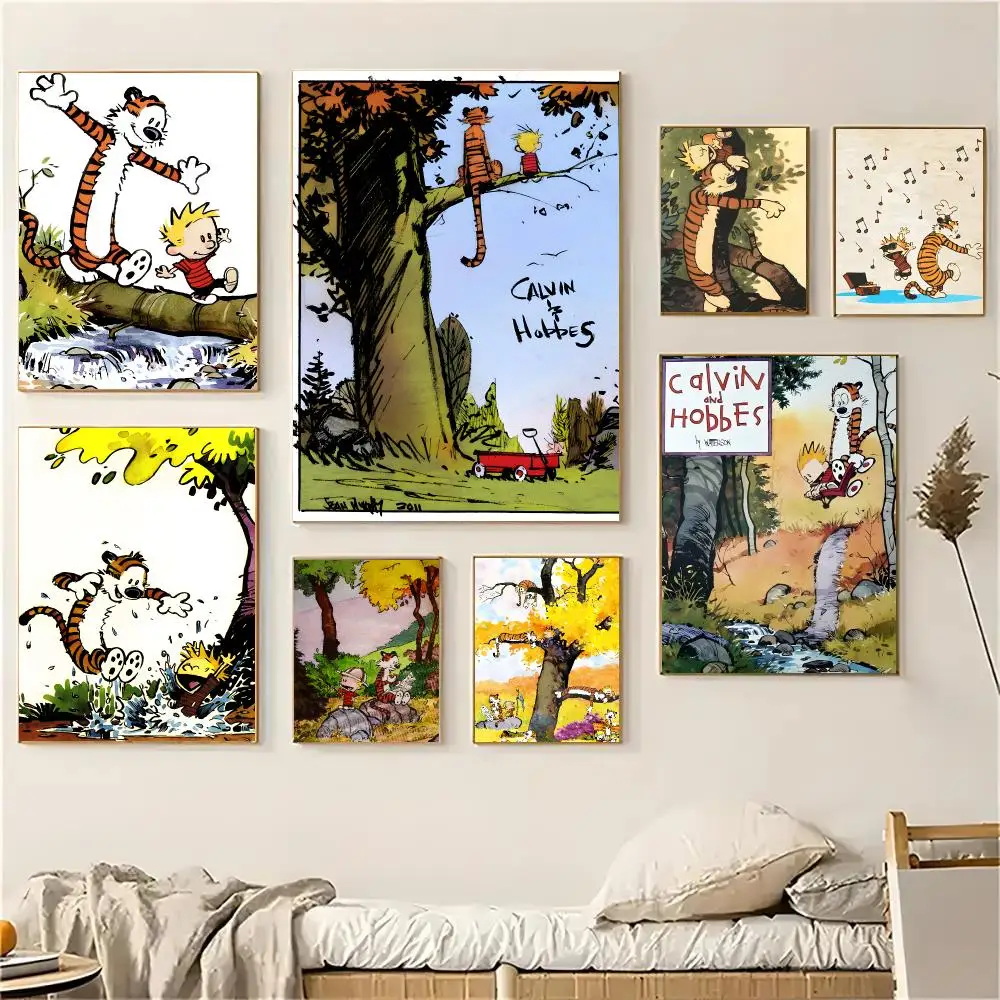 Calvin And Hobbes Cartoon Warm Poster Self-adhesive Living Room Bedroom Party Bar Decor Moisture-proof Fade-resistant HD
