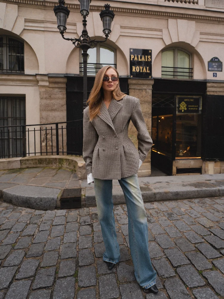 Blazer imprimé à carreaux vintage pour femmes, veste élégante, double boutonnage, poches, manteau rétro, taille haute, Streetwear, 2025