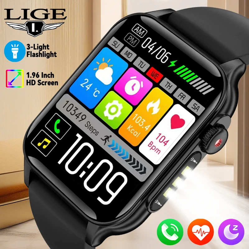 LIGE 2025 جديد لهواوي Xiaomi 1.96 "HD بلوتوث دعوة مصباح يدوي ساعة ذكية الرجال الرياضة مقاوم للماء ساعة ذكية لنظام أندرويد IOS