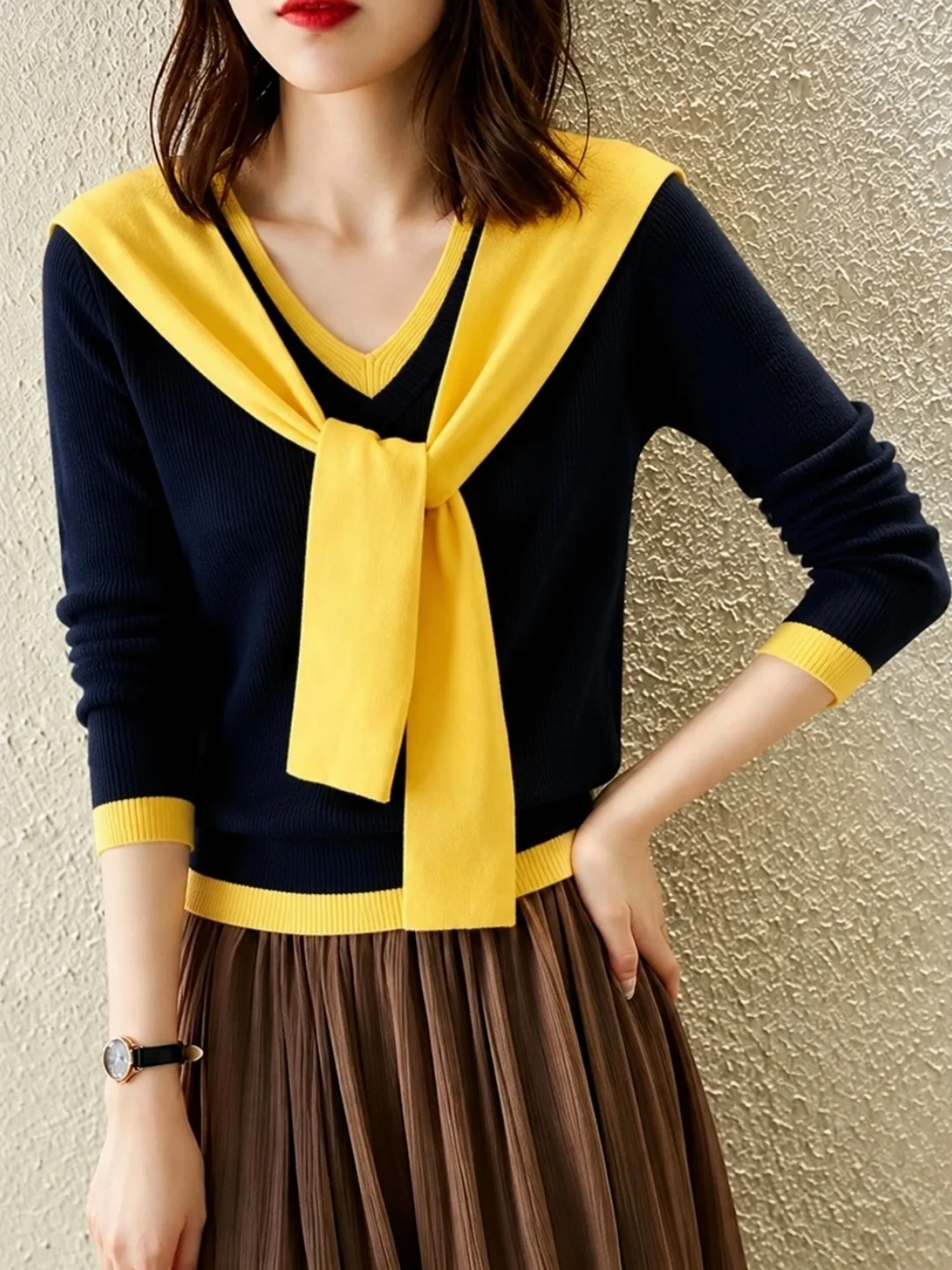 Korean Style Color Block V-Neck Knitted Sweater Women's Fashion Shoulder Shawl 2026 Autumn New Design Soft Combed Cashmere
