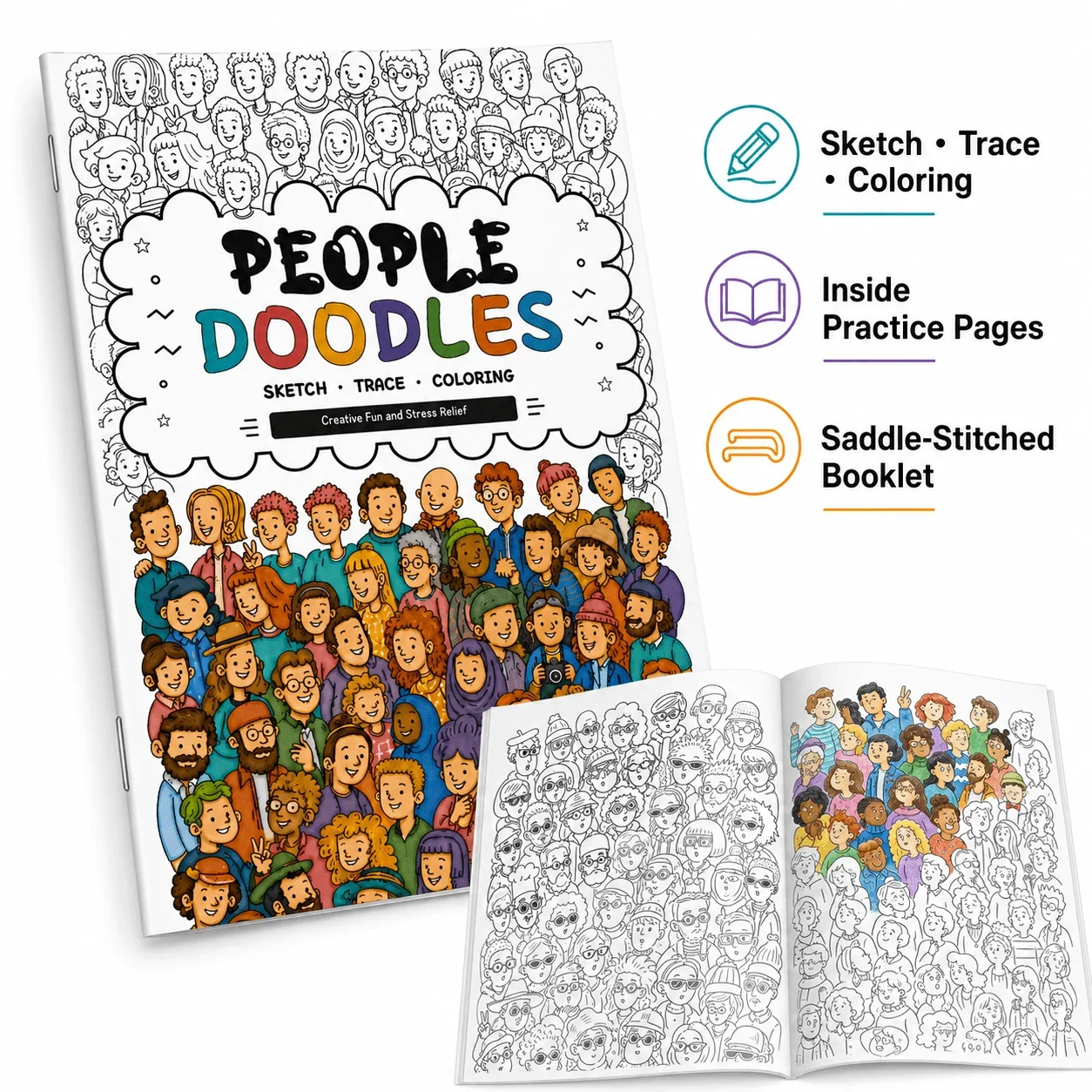 People Doodles Sketch, Trace & Coloring Book, Character Drawing Practice with People-Themed Pages for Creative Relaxation