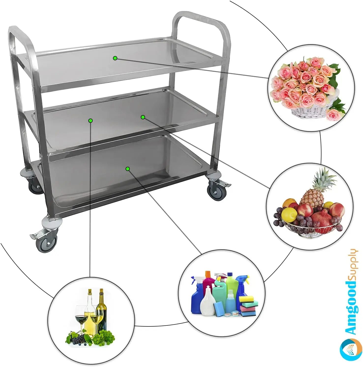 Carrito de comedor de acero inoxidable, carrito de servicio pesado con ruedas, 3 estantes, mediano-34 "de ancho x 18"