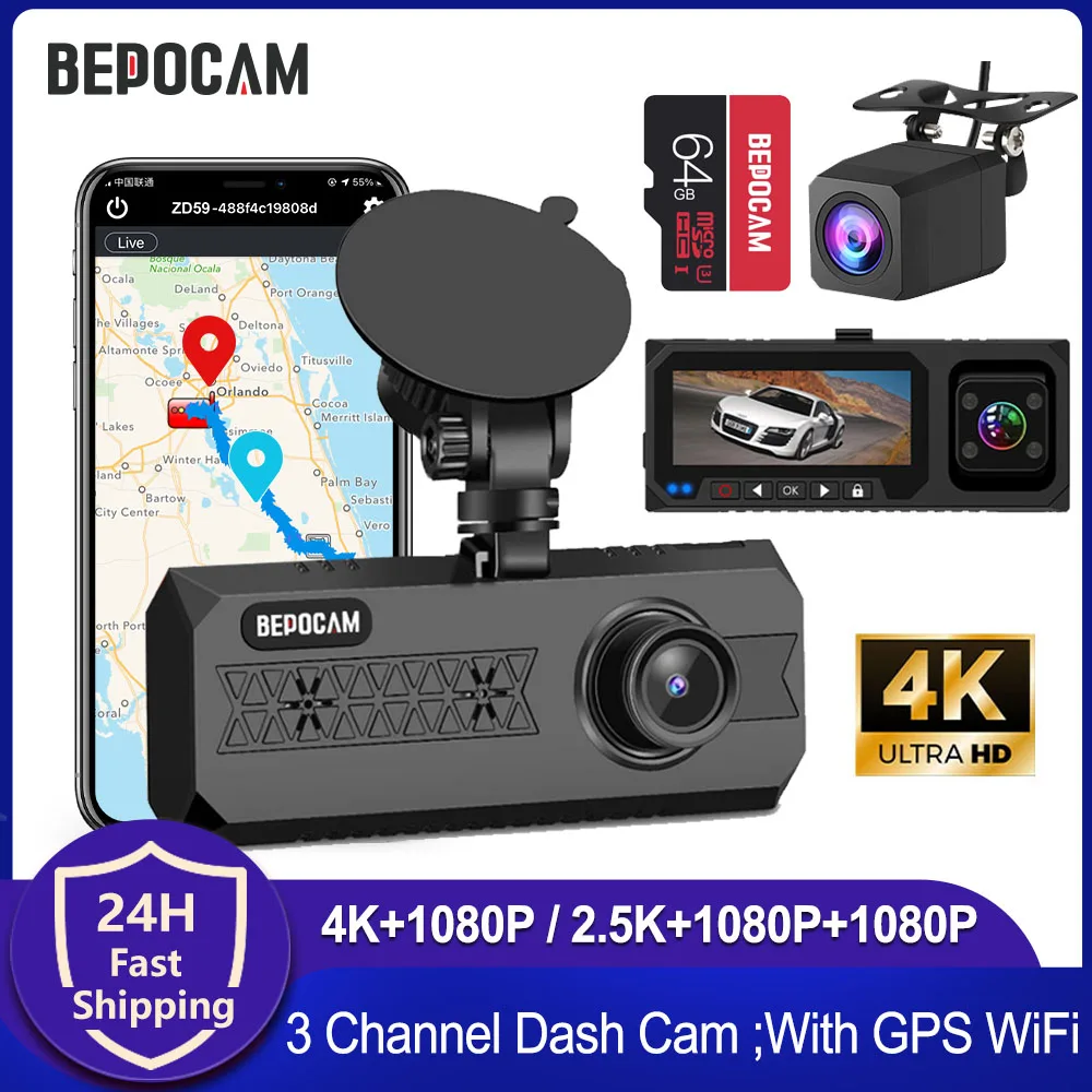 BEPOCAM ZD59 3 Channel Dash Cam 4K+1080P Dual Channel With GPS WiFi Front Inside Rear Three Way Car Dash Camera IR Night Vision