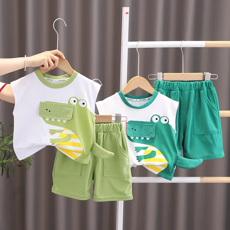 

New Summer Suits for Kids Boys Western Clothes 2023 Childrens Cartoon O-neck Pullover Sleeveless Vest and Shorts Toddler Boy Set