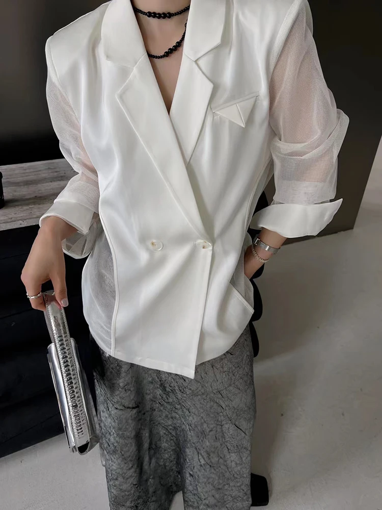 TWOTWINSTYLE Solid Elegant Spliced Mesh Blazer For Women Notched Collar Long Sleeve Patchwork Button Temperament Blazers Female