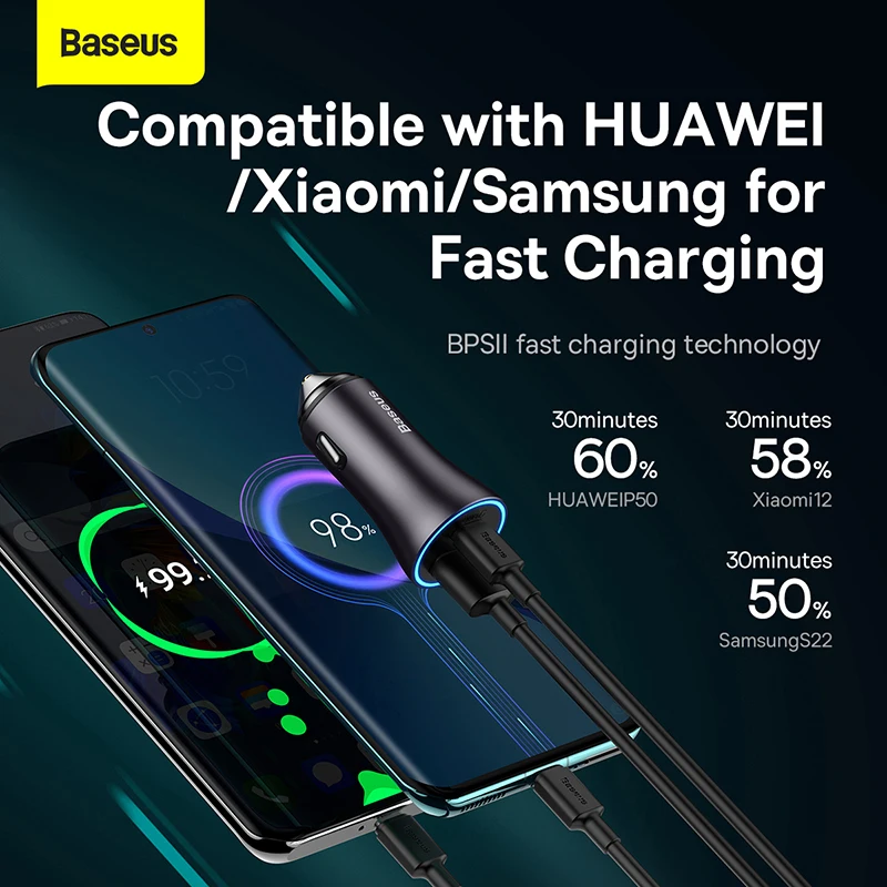 Baseus 금속 USB C 타입 차량용 충전기, 고속 충전, SCP AFC QC 4.0 PD 27W, USBC 휴대폰 충전기, 아이폰 샤오미, 화웨이, 삼성용, 60W