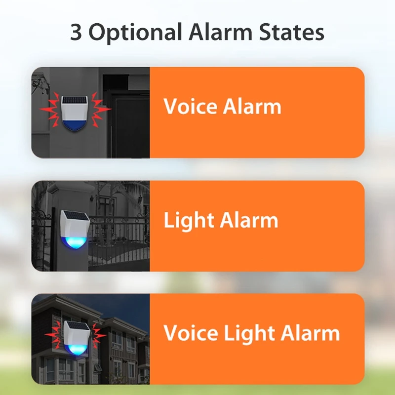 Juego de alarmas solares a prueba de lluvia, alarmas de sonido y luz ABS, alarma de sonido y luz Zigbee, 1 Juego