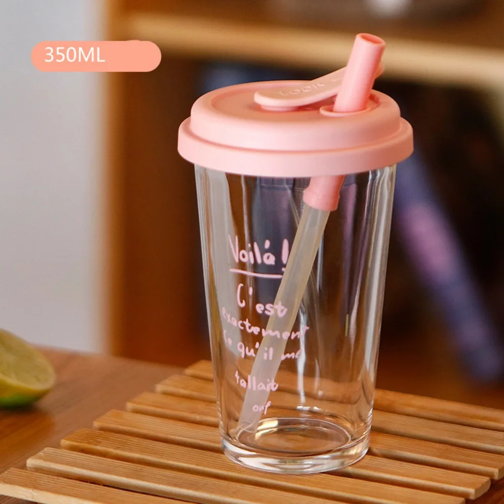 

Cute 300/350ml Glass Water Cup with Straw Durable Water Milk Bottle Cup Large Free Flip Lid Coffee Cup For Sports Camping