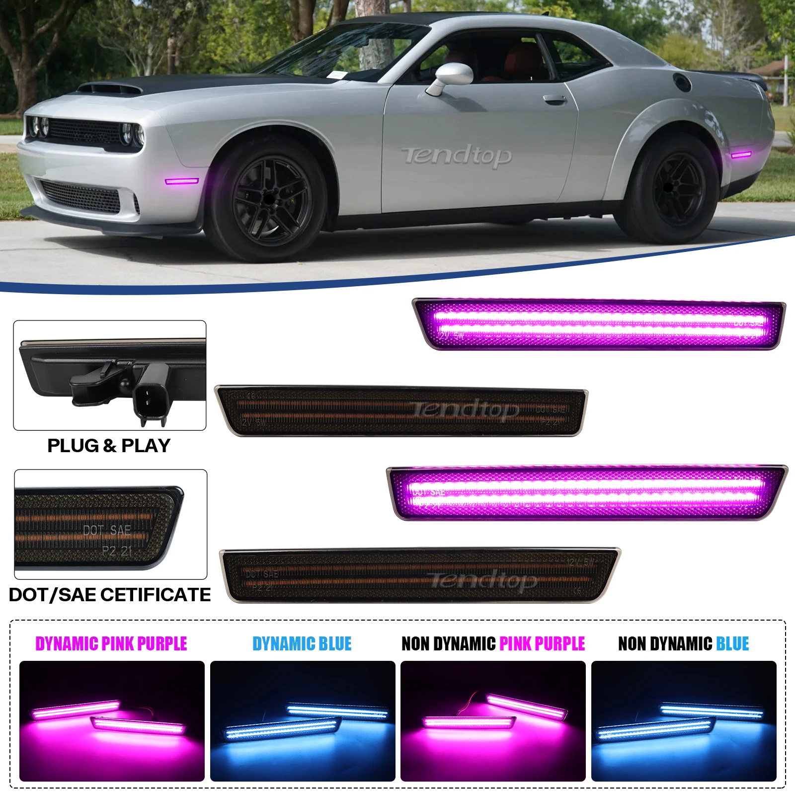 

Светодиодные динамические боковые указатели поворота для Dodge Challenger 2015-2023, передние и задние бамперные фонари, янтарно-красные индикаторы