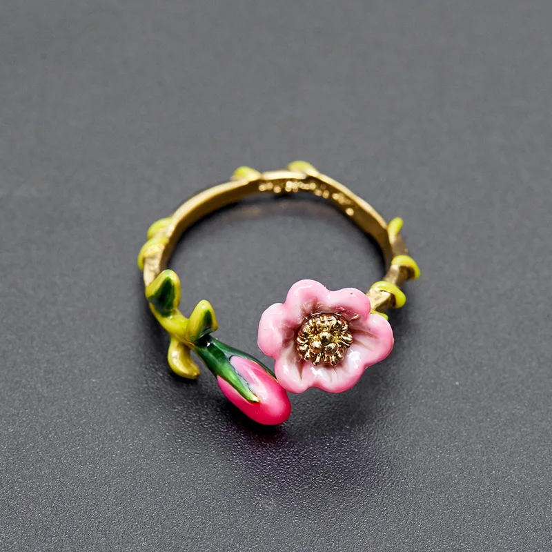 

Bohemia Niche Design Cute Sweet Fashion Enamel Glaze Pink Rose Flower Blossom Open Ring for Women Fairy Style Aesthetic Jewelry