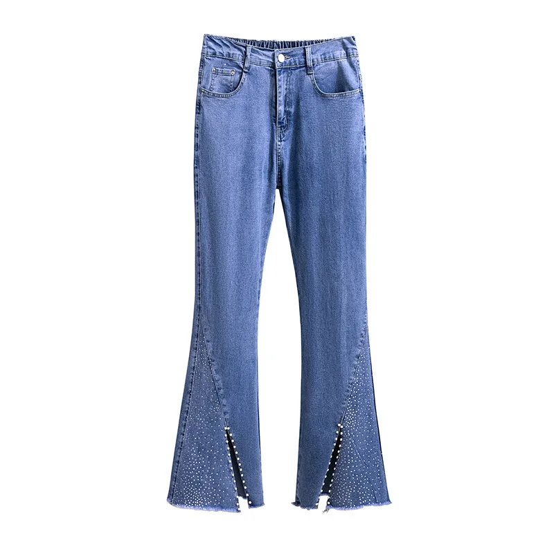 New 2023 Spring Autumn Plus Size Flared Jeans For Women Large Slim Elastic Blue diamonds Denim Trousers 3XL 4XL 5XL 6XL 7XL