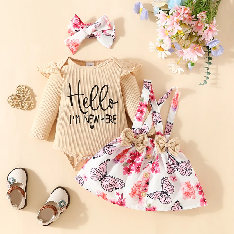 0-18M Infant Baby Girls Fashion Clothes Sets Letter Print Long Sleeve Romper with Flower Print Suspender Skirt and Bow Headband