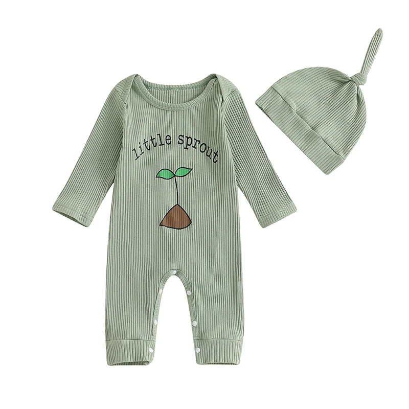 Baby Jongens Herfst Jumpsuit Lange Mouw Ronde Hals Letter Plant Print Romper Met Hoed