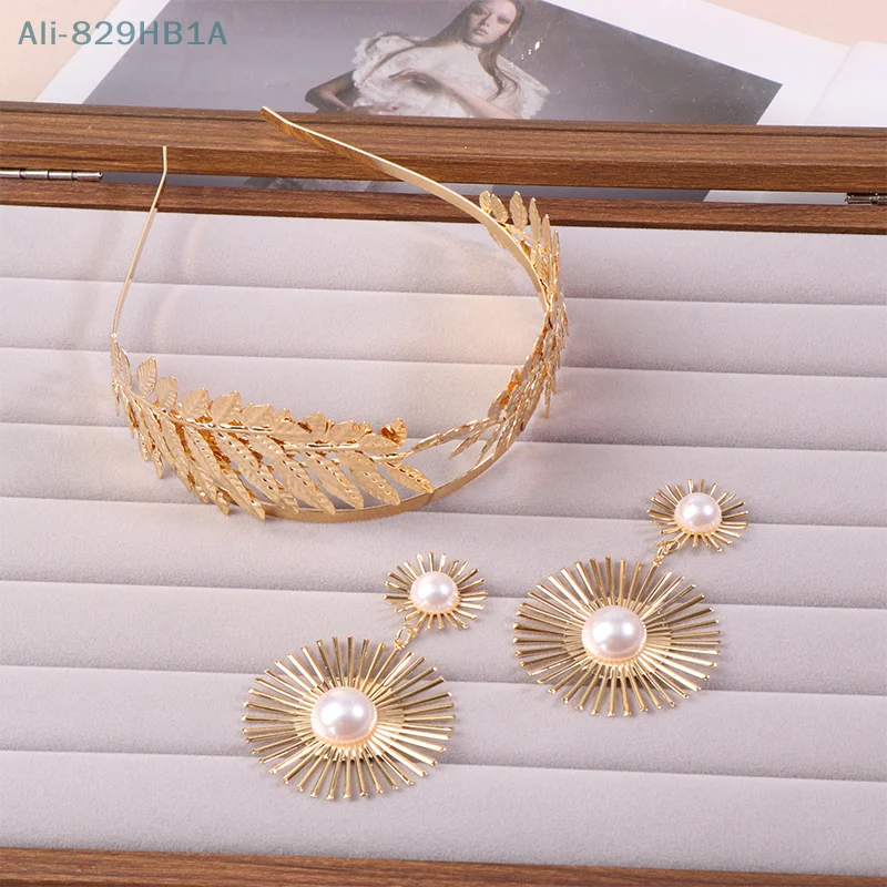 Conjuntos de diadema nupcial, accesorios para el cabello de hoja dorada Retro con pendientes para fiesta, tocado nupcial, accesorios para el cabello de boda