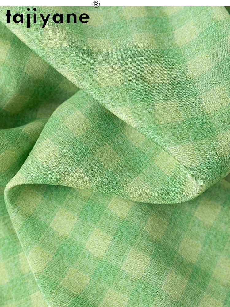 TAJIYANE 100% camisetas de seda Mulberry para mujer, camiseta verde con estampado a cuadros a la moda, camisetas holgadas de verano, ropa de mujer 2025 топы
