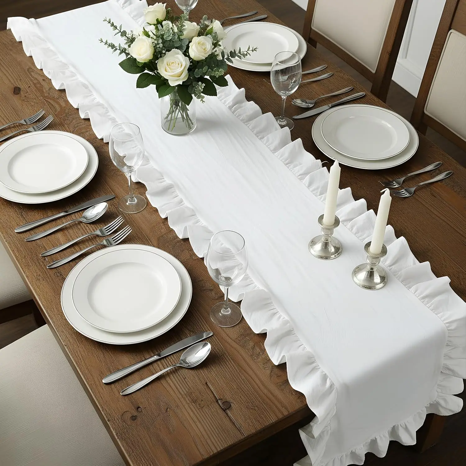 Ruffle Table Runner 100% Cotton Fabric Farmhouse Rustic Ruffled Edge Table Runner Wedding Decor for Christmas Holiday Baby Showe