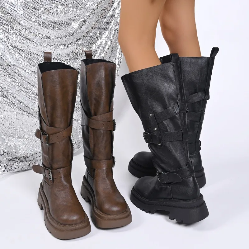 منصة فارس الأحذية خريف 2025 جديد جولة تو طويل القامة مشبك الدانتيل متابعة كتلة كعب أحذية رعاة البقر الغربية #3