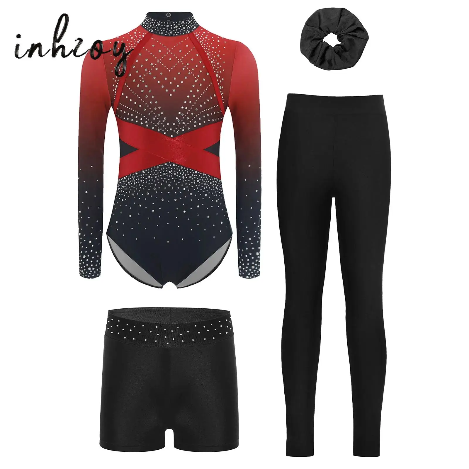 

4Pcs/Set Kids Girls Gymnastics Figure Skating Dance Costume Long Sleeve Color Block Leotard with Shorts Leggings and Headwear