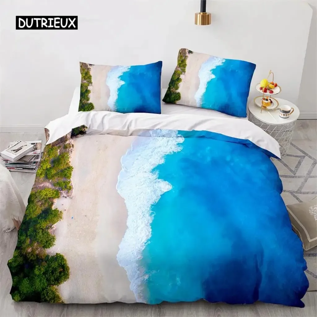 

Blue Beach Duvet Cover Summer Beach Decor Waves Hawaiian Style Bedding Set Polyester Palm Tree Tropical Nature Sea Quilt Cover