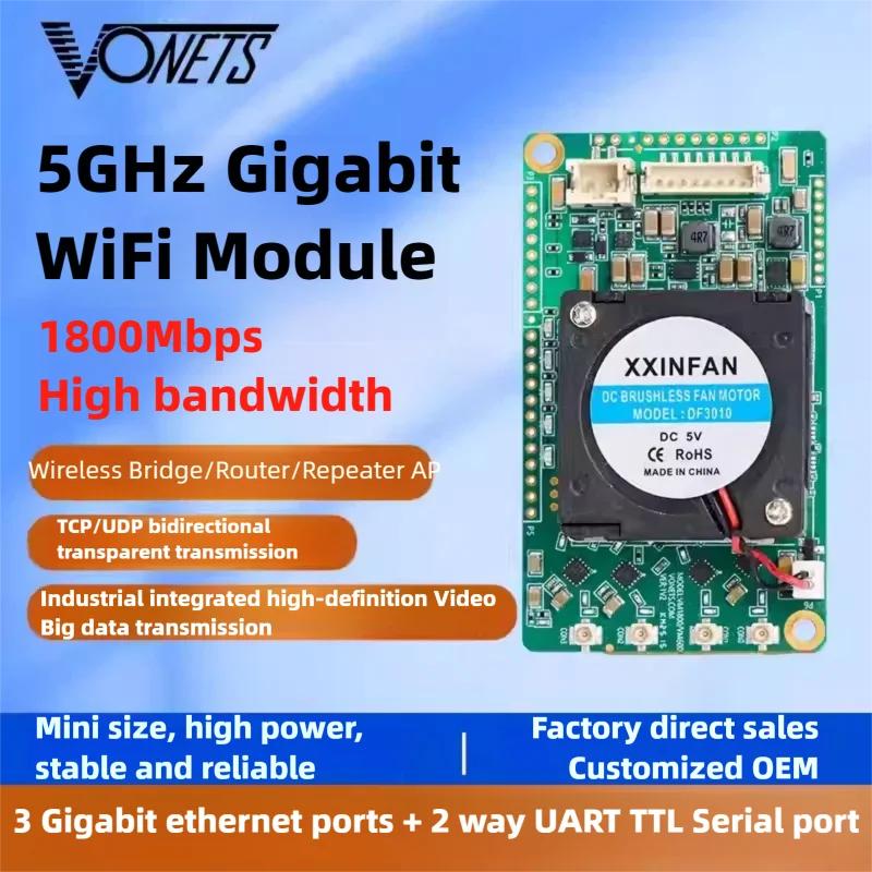 VONETS VM1800 Gigabit 5.8GHz WiFi Module Wireless Bridge 1800Mbps Wireless to Wired Conversion Serial Port Monitoring Security