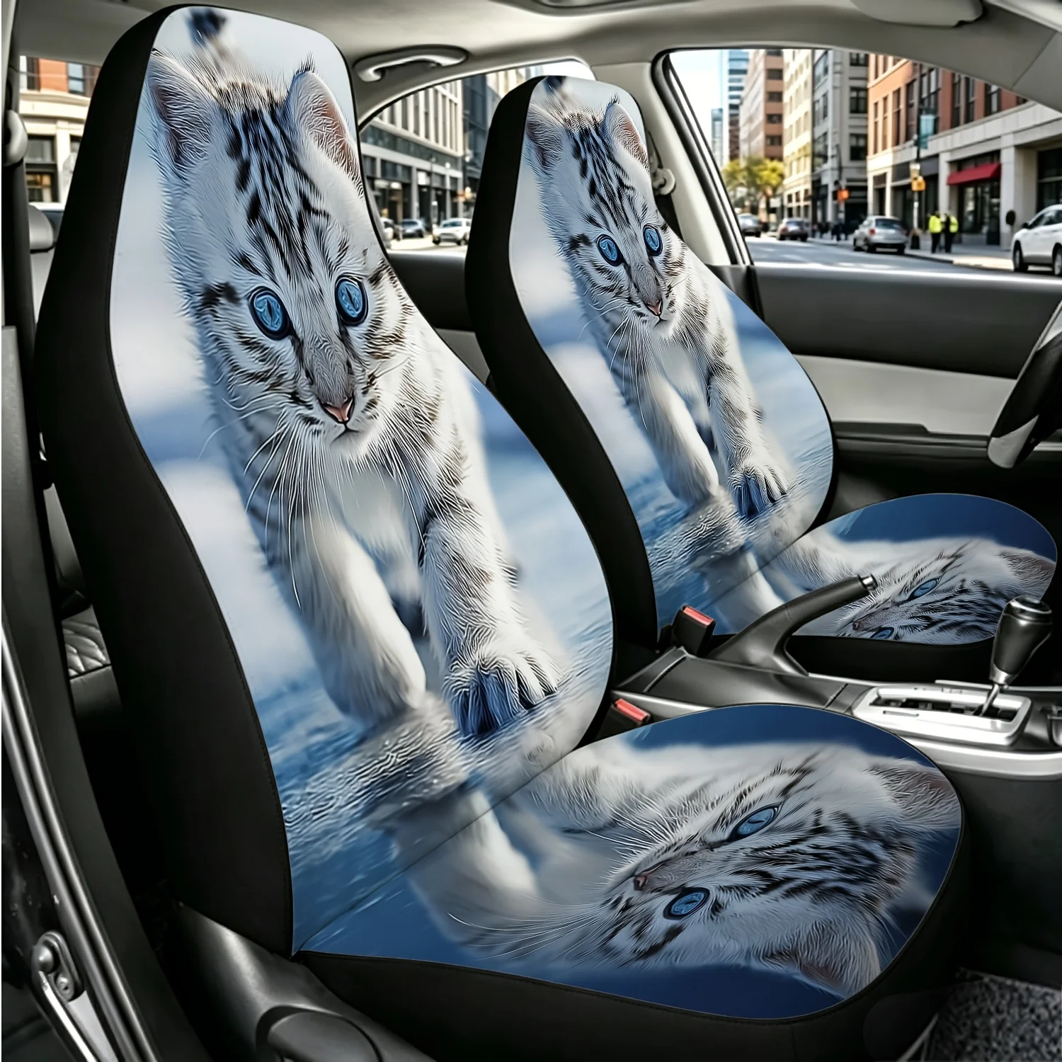 2pcs Blue-Eyed Silvery Tabby Kitten With Water Reflection Car Seat Covers, Universal Size For SUVs, Trucks, And Sedans, Digitall
