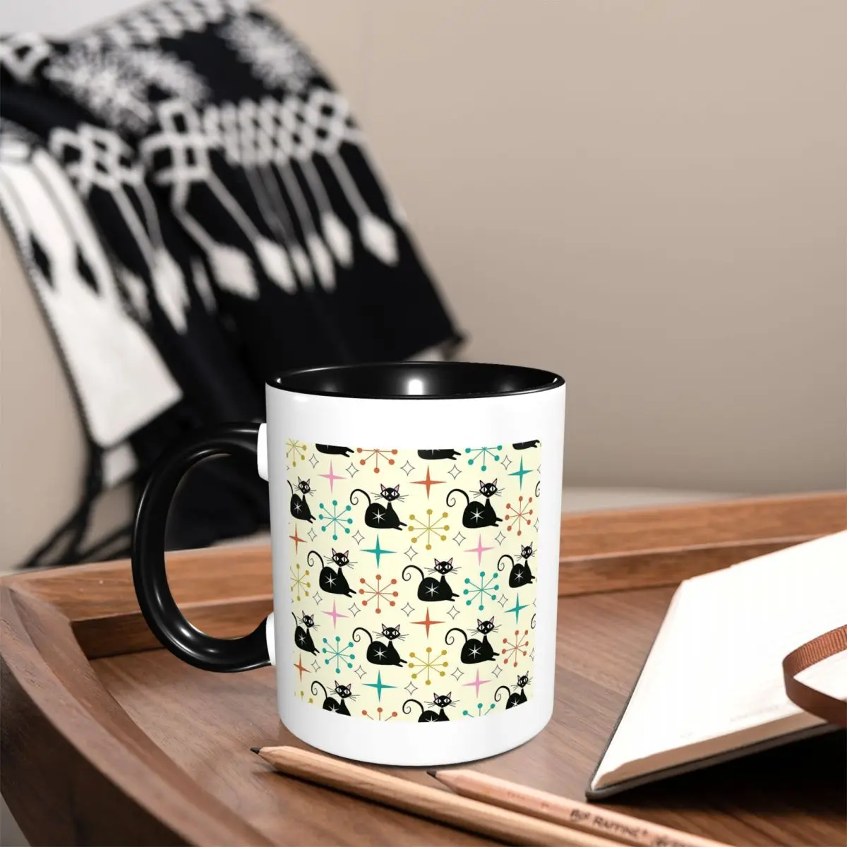 Mid Century Black Atomic Cat With Starbursts Mug Funny Ceramic Coffee Cups Tea Mugs Milk Cup Drinkware Gifts for Friends