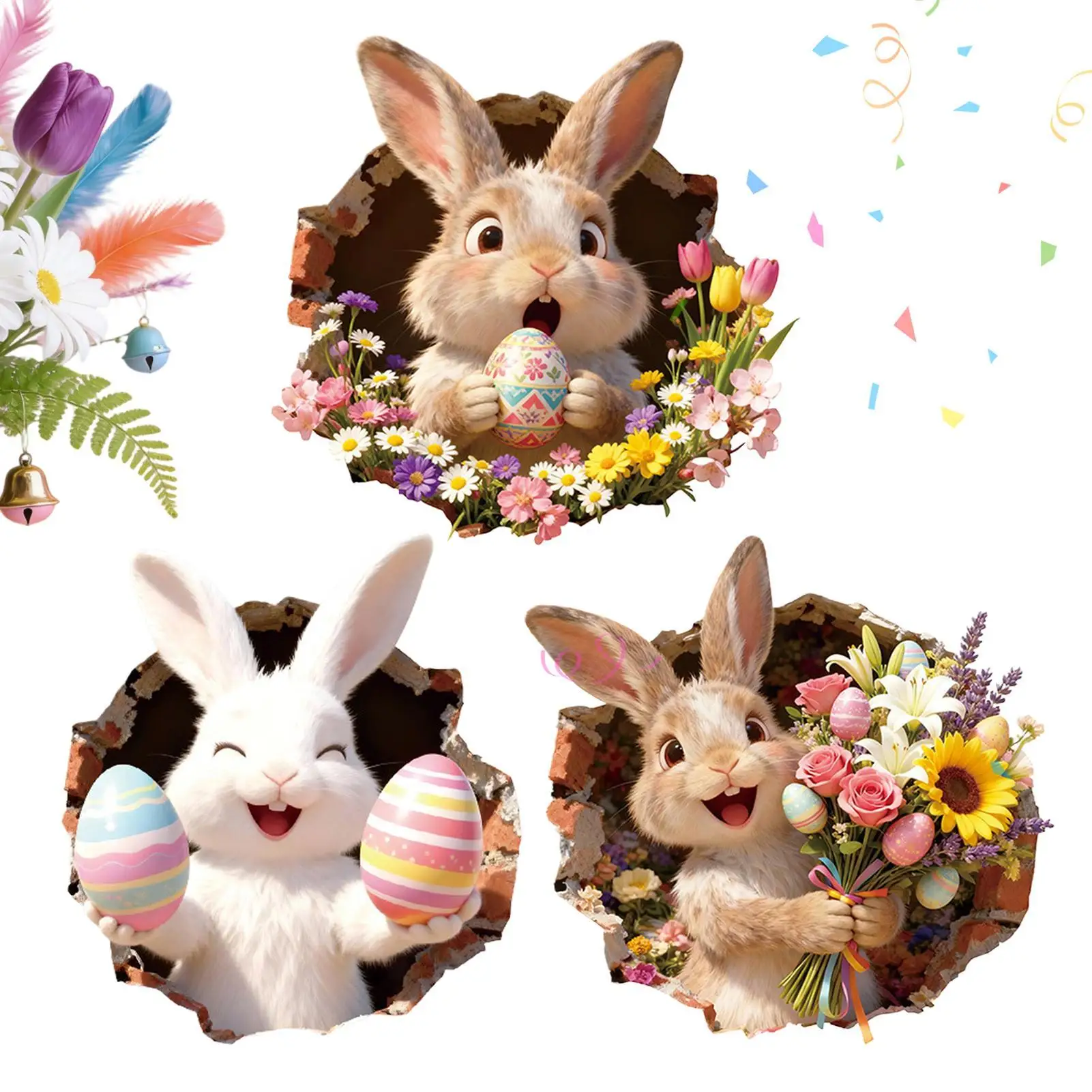Hole-Punch Easter Bunny Toilet Sticker 3D Visual Effects Decorative Wall Sticker Self-Adhesive Ripped Easter Bunny Decals