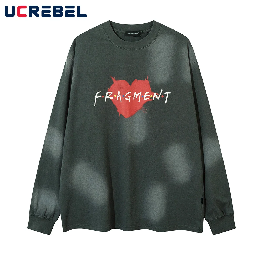 Heart Print Long Sleeve T-shirt Mens Double-sided Printed Autumn Streetwear Loose Crew Neck Long Sleeve Cotton Tee Men Tshirt