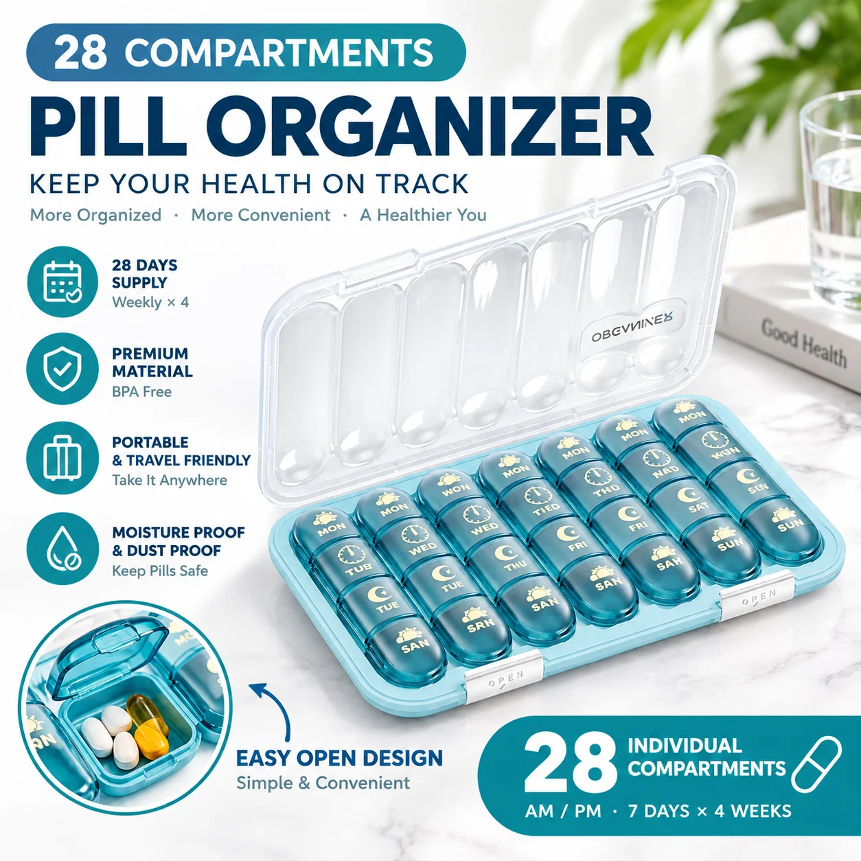 21 28 Compartment Pill Organizer 7 Day Large Capacity Portable Medicine Box Daily Three Meals Pill Dispenser For Travel Home