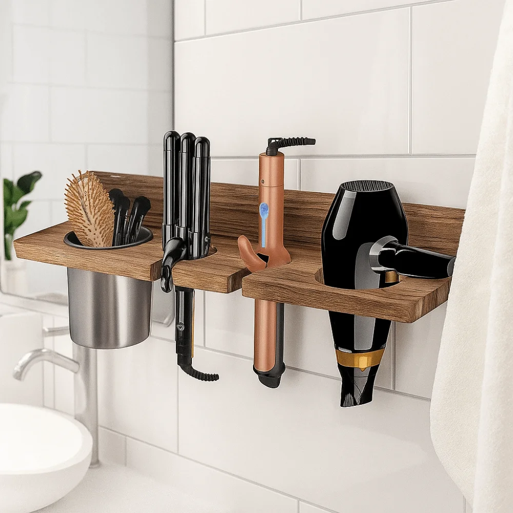 

Multi-Purpose Wooden Hair Dryer Holder Wall-Mounted Space Saving Blow Dryer Hanger Stylish Hair Straightener Holder Bathroom