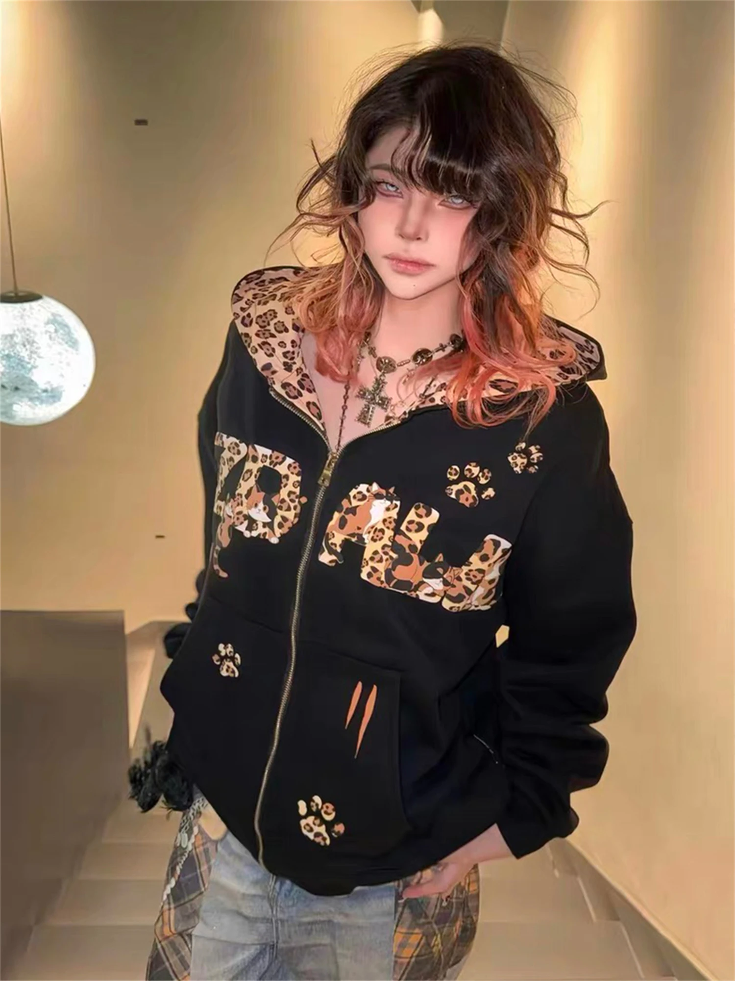 

2025 New Womens Leopard Print Cat Hoodie Oversized Zip-Up Sweatshirt with Paw Print Streetwear Casual Pullover