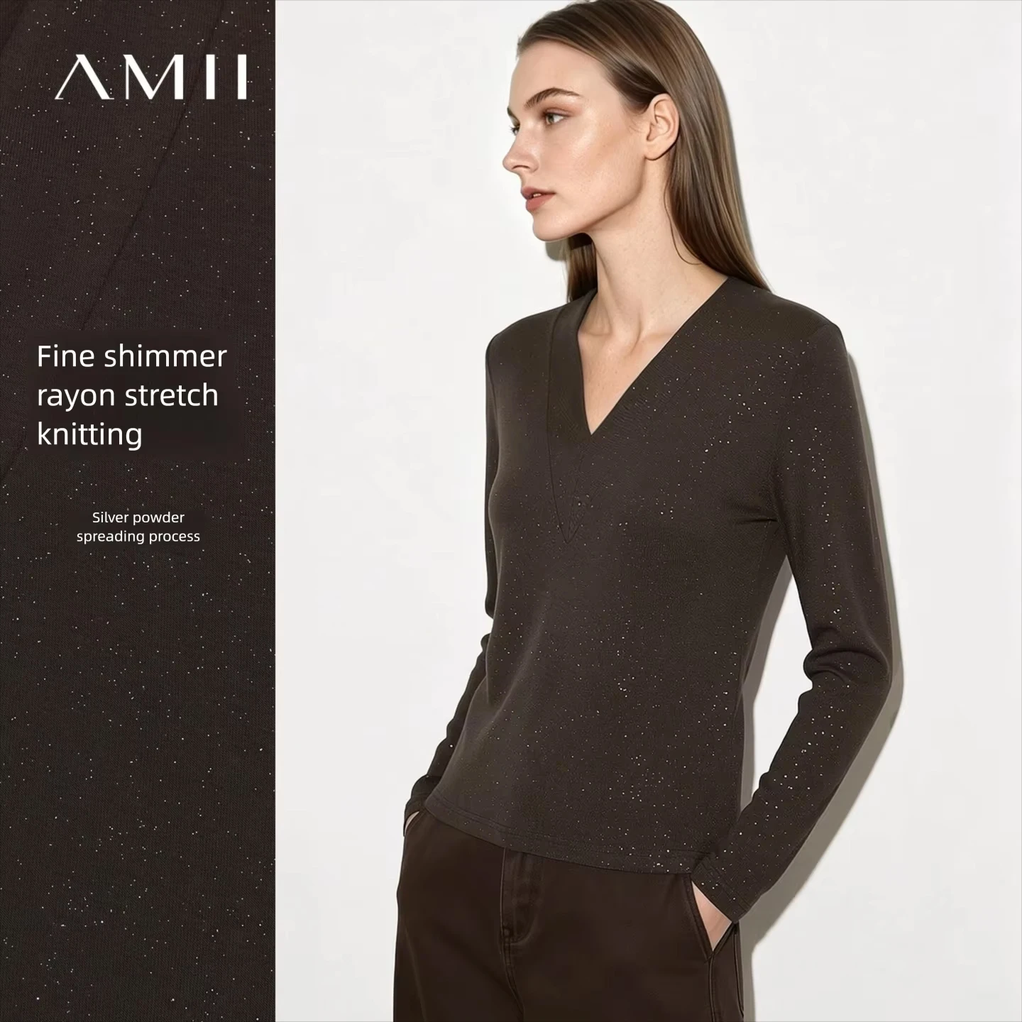 Amii Slim T-shirt V-Neck Long Sleeve Stretch Solid Color T-shirt Women 2026 Autumn New Versatile Cozy Woman Clothing 12613020