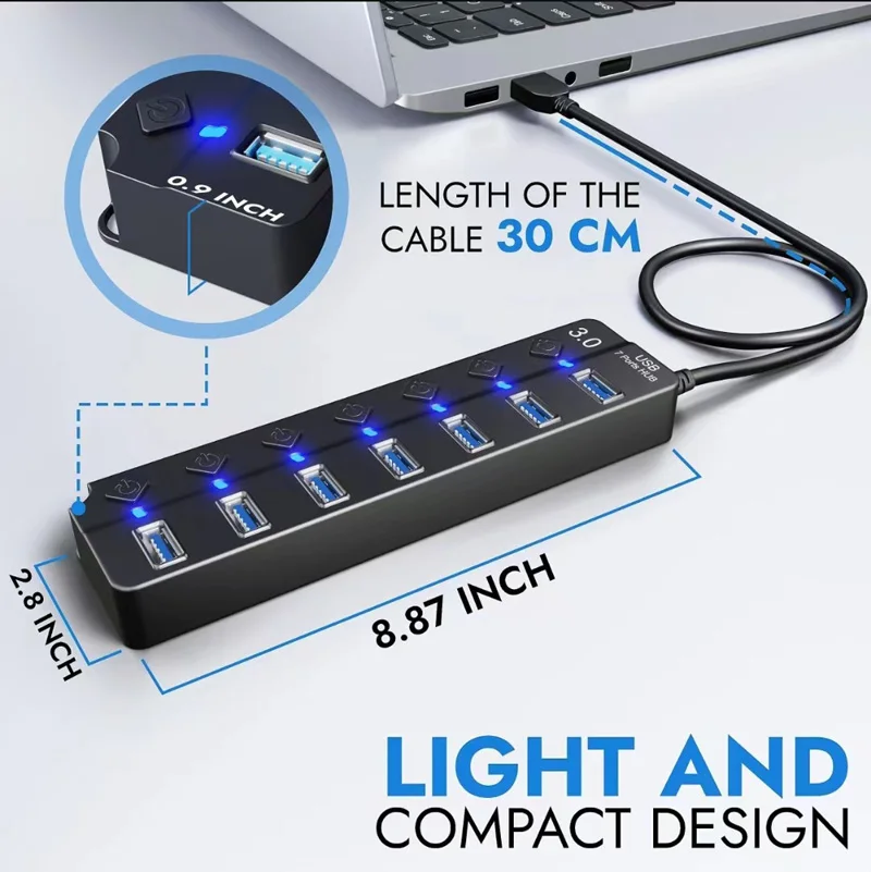 120CM USB 3.0 Power Adapter 4/7 Port Multi Splitter Hub USB Hub Expander Switch 30CM Docking Stations AC 5V 2A Power DC CABLE+