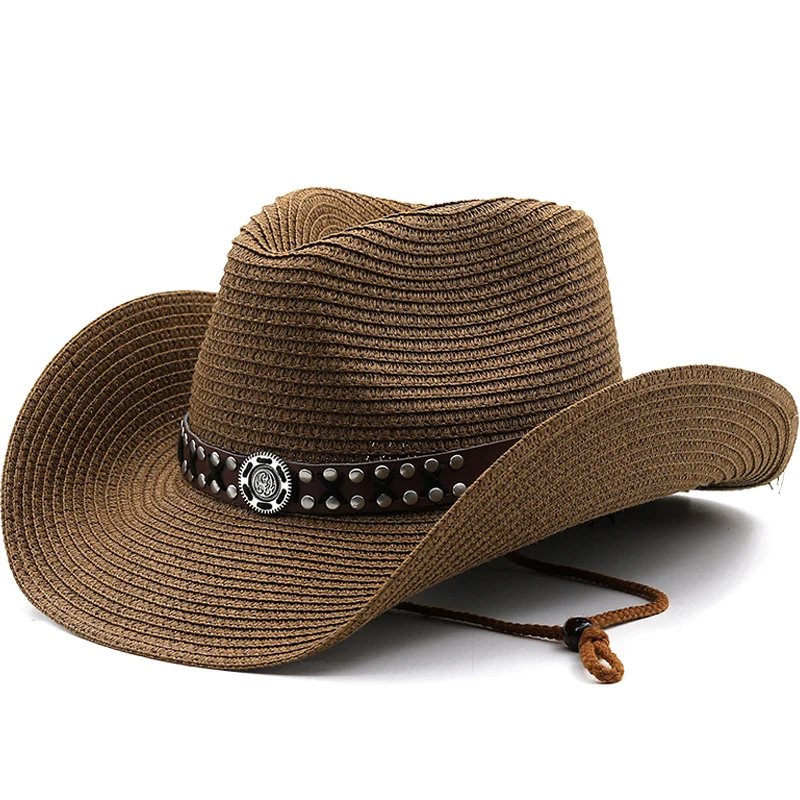 Neues Design Natur papier Western Cowboy Hut breite Krempe Frauen Männer Sommer Strand Strohhüte Panama Cowgirl Jazz Sonnen kappen