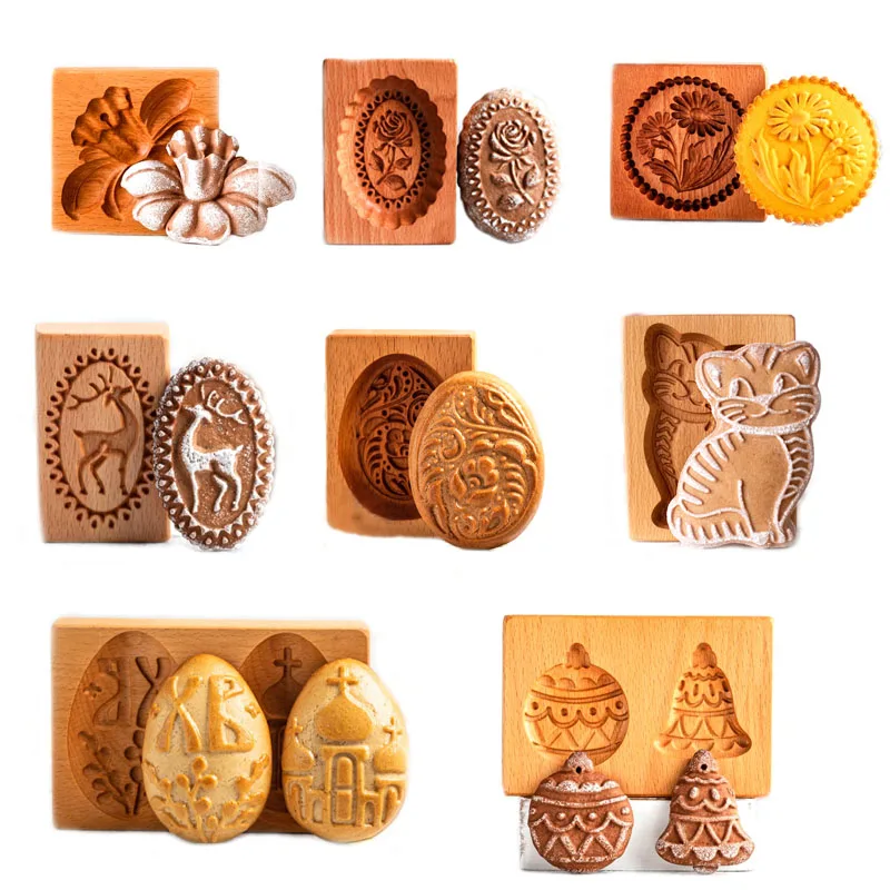 Wooden Cookie Mold Rabbit Forms for Cookies Gingerbread Pumpkin Reindeer 3d Cookie Cutters Flowers Press Molds