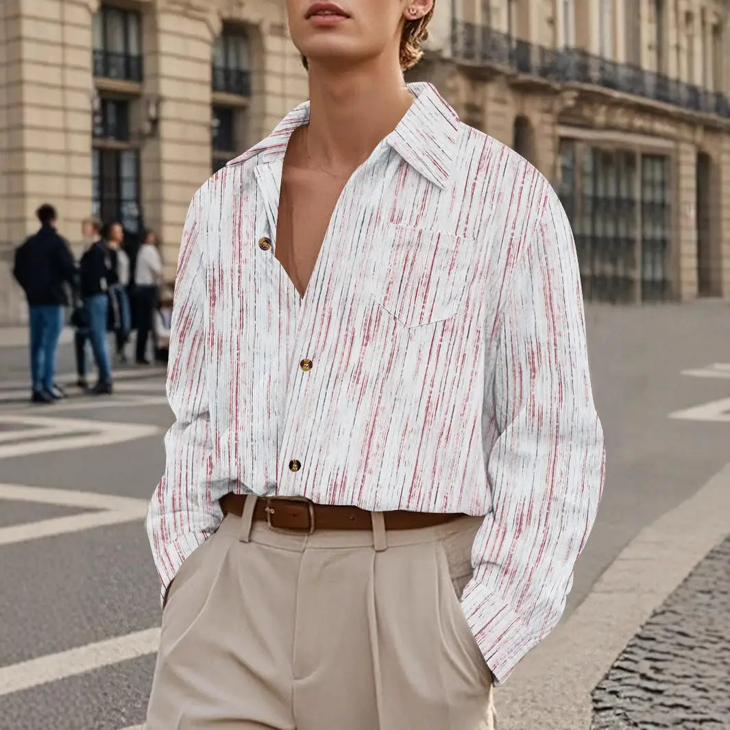 

Retro Men's Long Sleeve Shirt Autumn PU Leather Casual Pocketed Brushed Striped Shirt Regular Fit Classic Style Fashionable