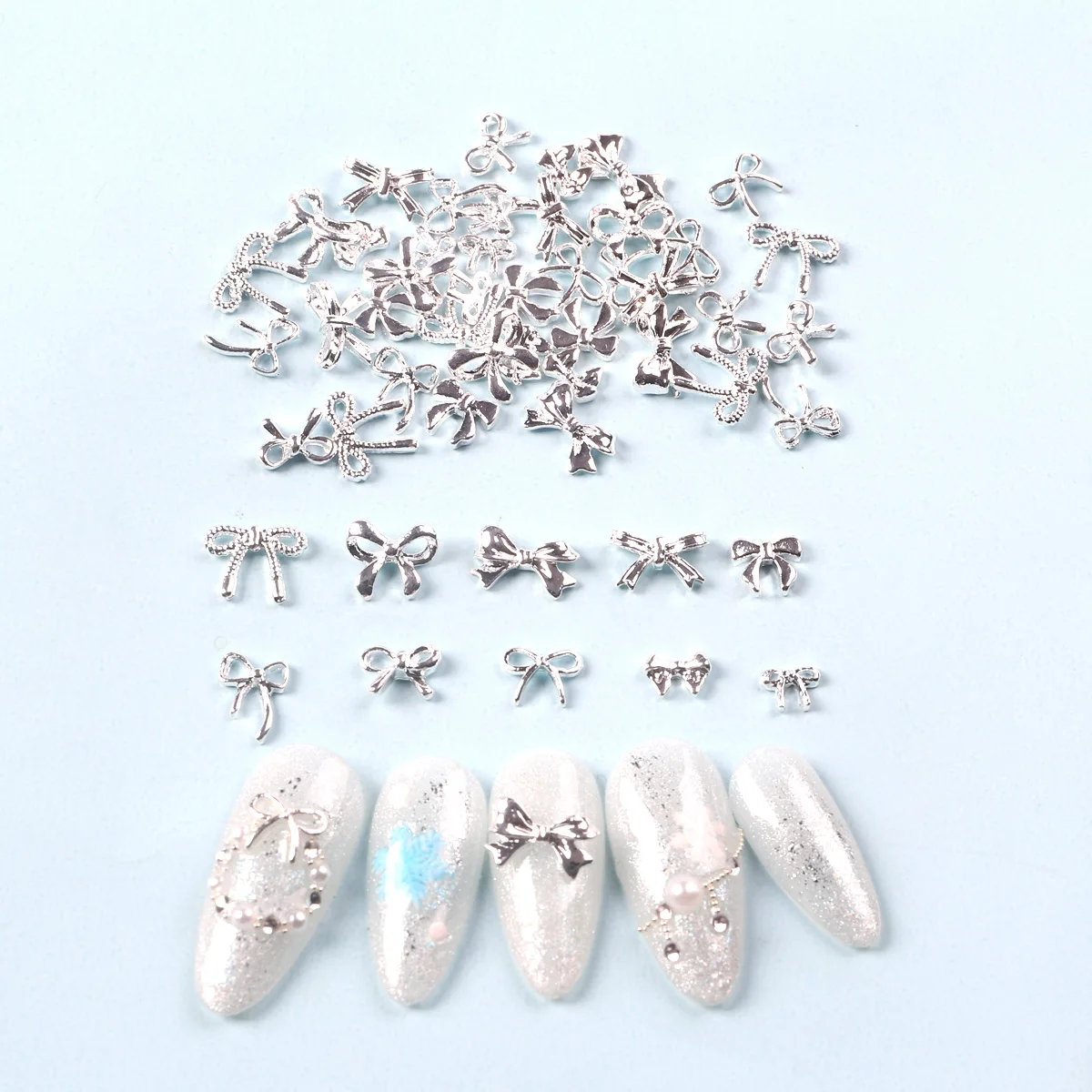 TSZS Silver 3D Bow Nail Art Charm Alloy Metal Cute Mini Mix Shape Bow Ribbon Nails Decoration DIY Nail Accessories