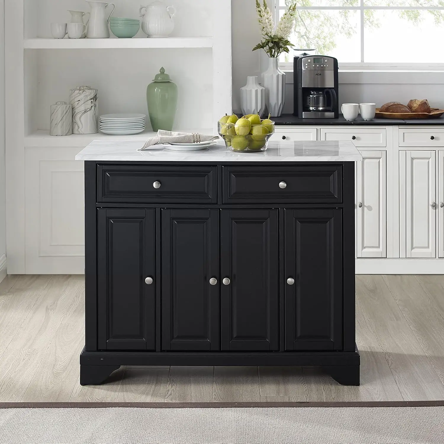 Avery Kitchen Island with Faux-Marble Top and Optional Casters, Distressed Black