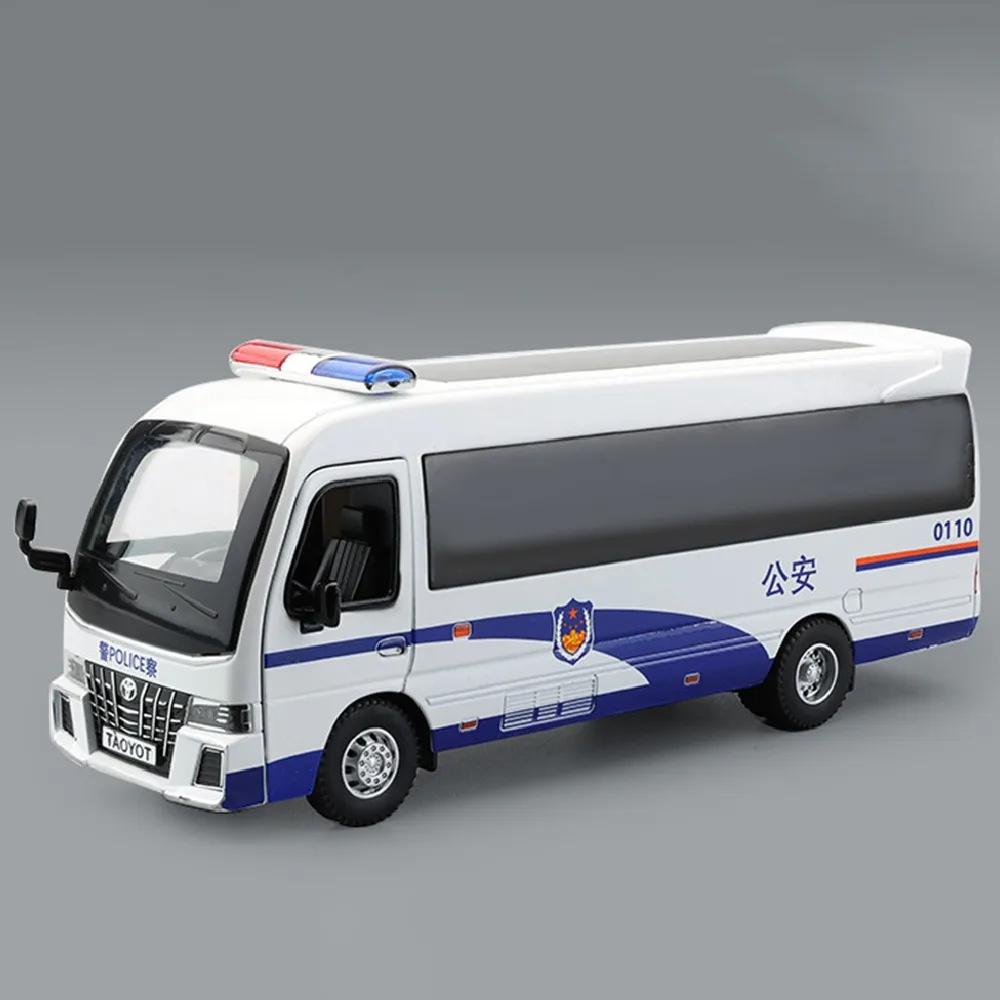 1:32 Coaster Alloy Police Car Model Toy Diecast Metal Sound Light Doors Opened Bus Models Pull Back Toys Collection Kids Gifts