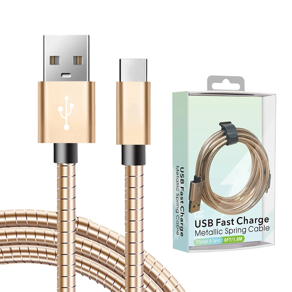 Metal Spring 2M Charging Cord Micro USB Data Fast Charging Cable Aluminum USB Type C Cable For iPhone 13 12 11 Pro Charger Cable