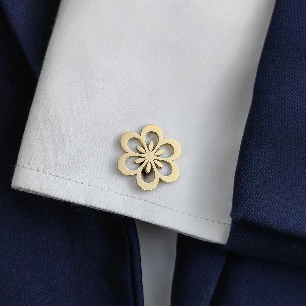 Unique 18K stainless steel gold-plated cufflinks: hollow bud design, fashionable lapel pins, gifts for friends