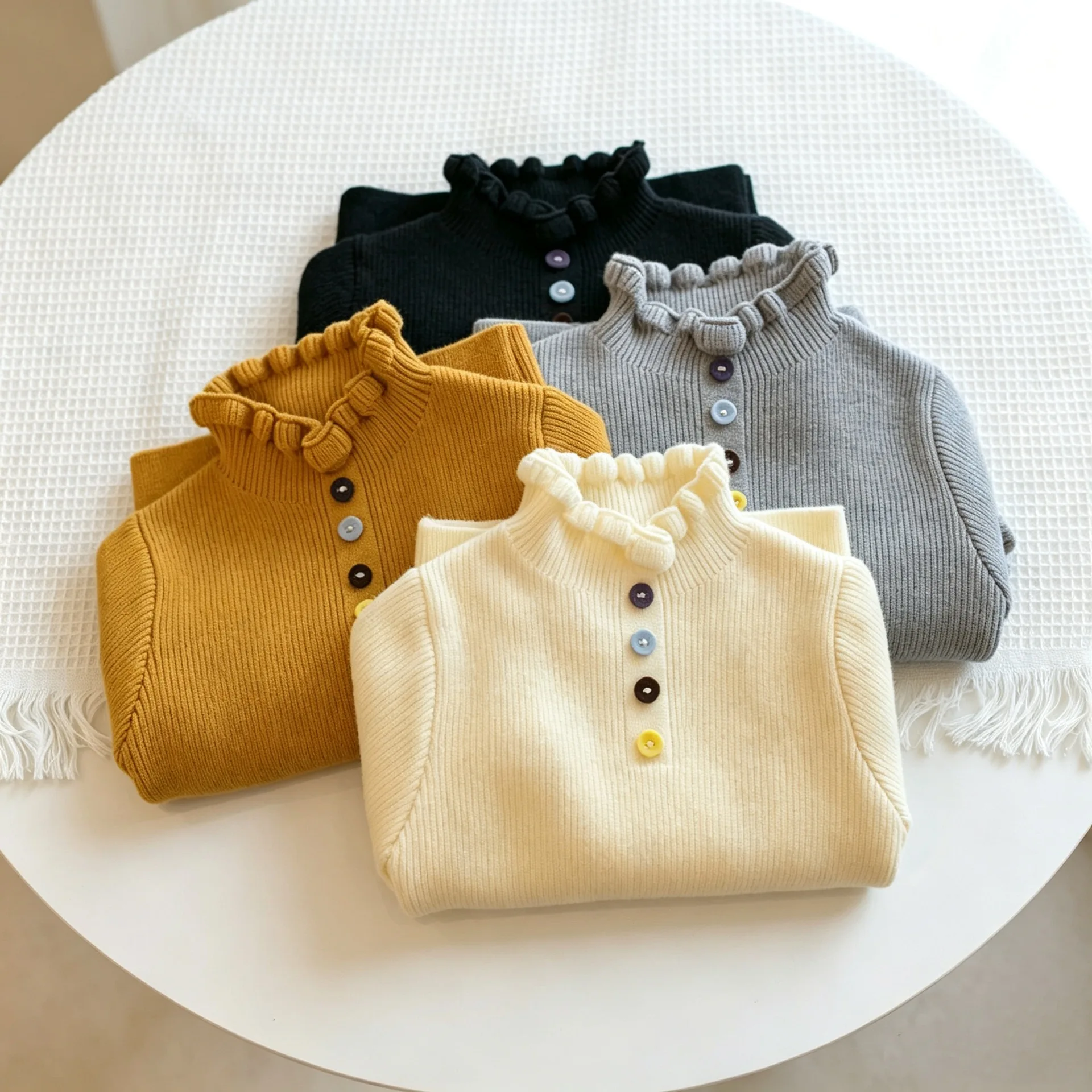 Children's sweater base autumn and winter new solid color striped color buckle knitted girls, half high neck back thick sweater