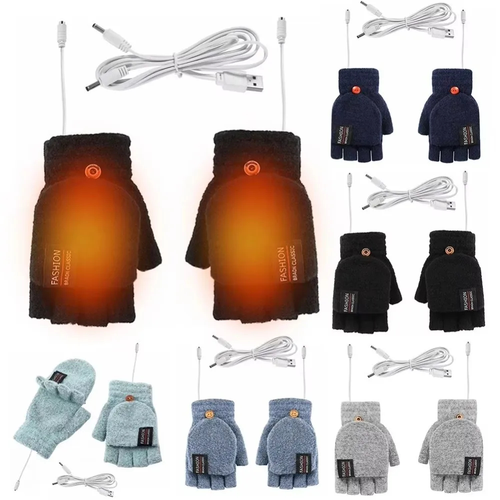 Unisex USB Electric Heating Gloves Flip Cover Knitted Hands Warmer Keep Warm Touch Screen Winter Heated Gloves Outdoor
