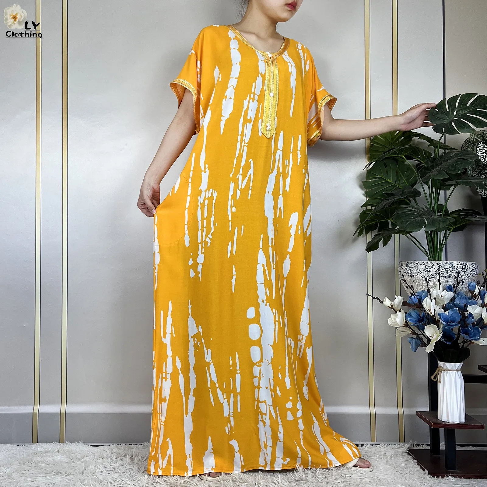 2024 Latest Summer African Lady Dress Cotton Printed Loose Floral Boubou Pocket Maxi Islam Women Short Sleeve Casual Abaya Robe