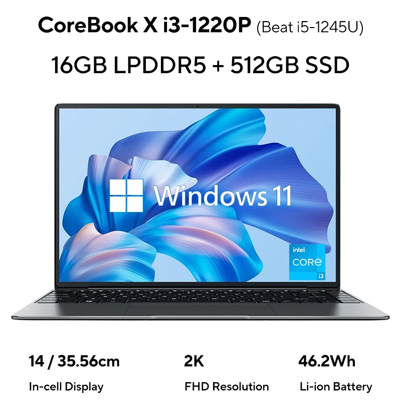 CHUWI CoreBook X 16GB 512GB Laptop Windows 11 Intel Core i3 1220P Up to 4.4GHz 14inches 2K Portable PC 46.2Wh WiFi 6 BT 5.2