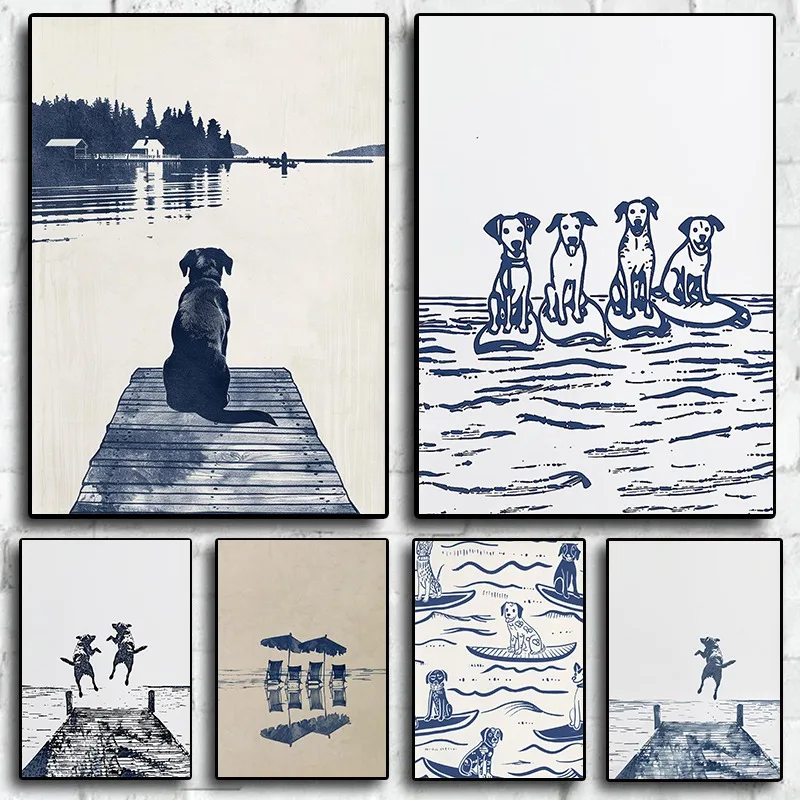 Retro Minimalist Coastal Beach Surfing Dogs Jumps Off Animals Line Sketch Poster Canvas Painting Wall Pictures Home Decor Gift