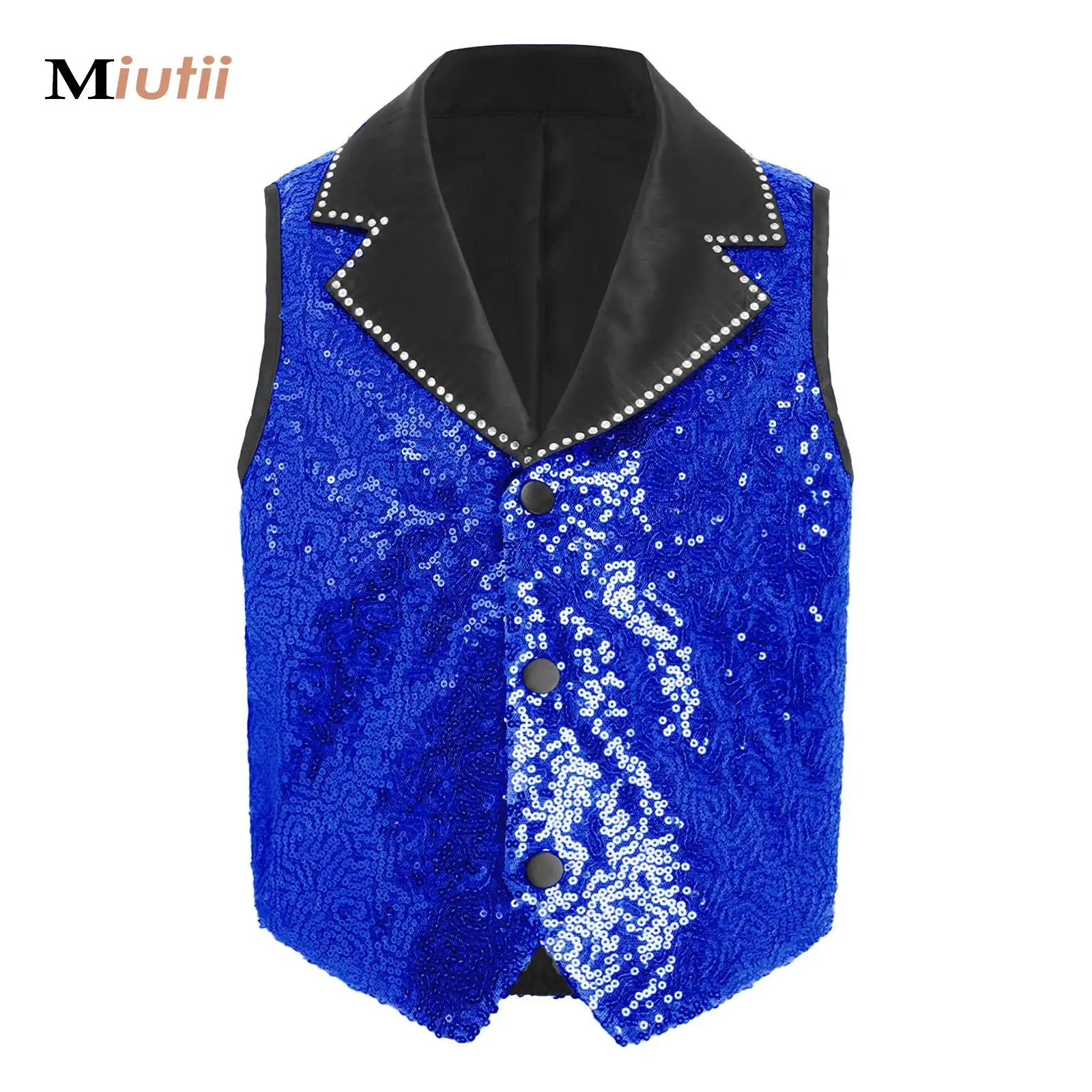 

Kids Glittery Sequin Satin Waistcoat Tops Boys Girls Lapel Collar Sleeveless Vest Tank Top Stage Performance Costume Clubwear
