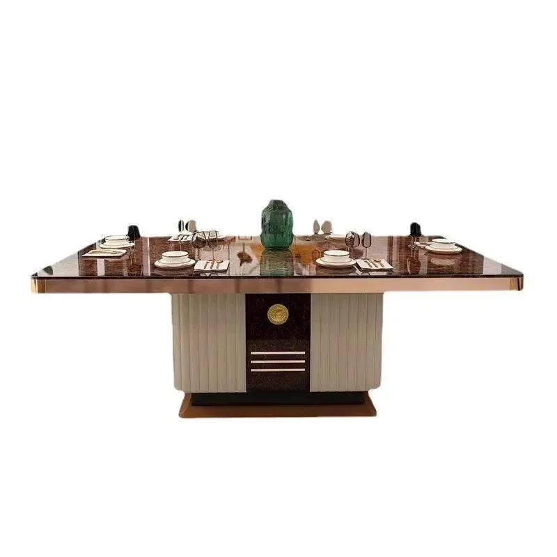 #Italian Style Nordic Modern Steel Rubberwood Top Turntable Dining Table for 6 Home Large Apartment Use