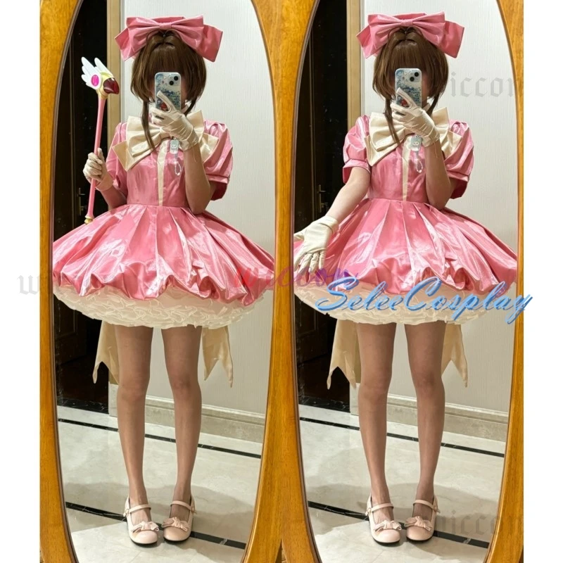 CardCaptor Sakura Cosplay Costume Pink Sakura Princess Dress Cosplay Costume Lolita Kawaii Pink Dress with Bowknot and Gloves